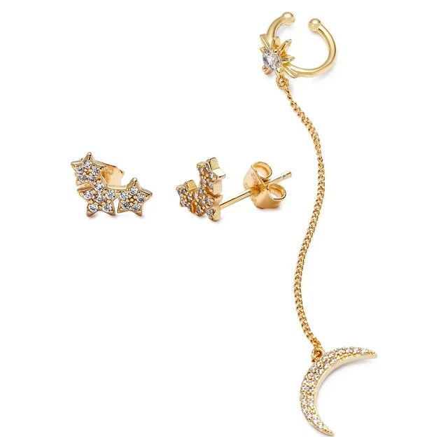 Scoop Womens Brass 14KT Gold Flash Plated Cubic Zirconia Moon and Star Mix & Match Earring Set | Walmart (US)