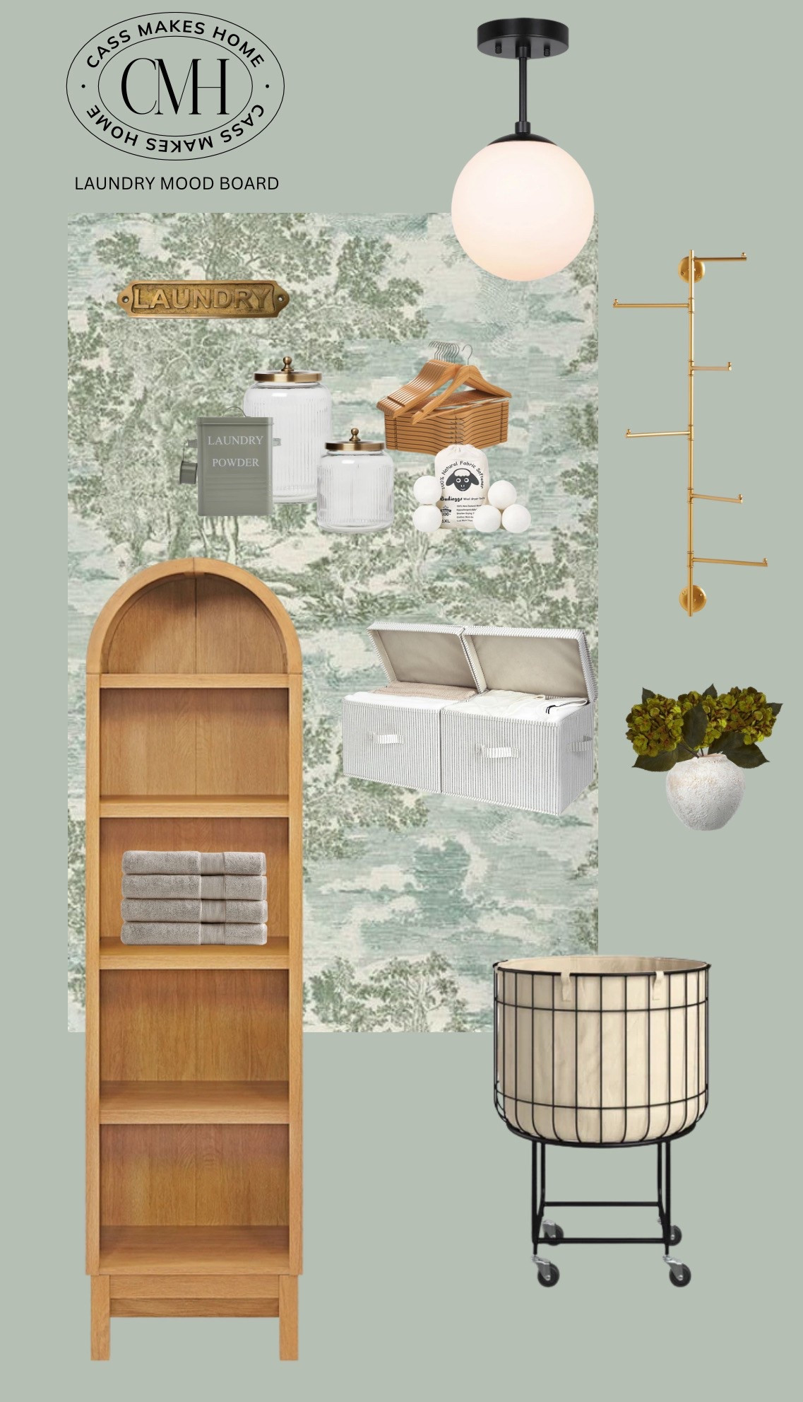 I saw this wallpaper recently and immediately pictured it in a laundry room so I had to make a mood board for you! It would be so perfect to pair it with a tonal trim and ceiling in this soft green/blue. We have one of these swivel racks in our laundry room and I really love it for saving space. And this brass version is to die for! I’m also a sucker for a rolling industrial style laundry cart. I just adore things that are functional/beautiful and also things that feel like they are from the past. I threw in some cute organizing accessories for this space. A little wooden shelving tower to store linens, folded laundry, storage bins, etc.  would be ideal in a small space!

Paint Color: Silvermist by Sherwin Williams

#LTKStyleTip #LTKFamily #LTKHome