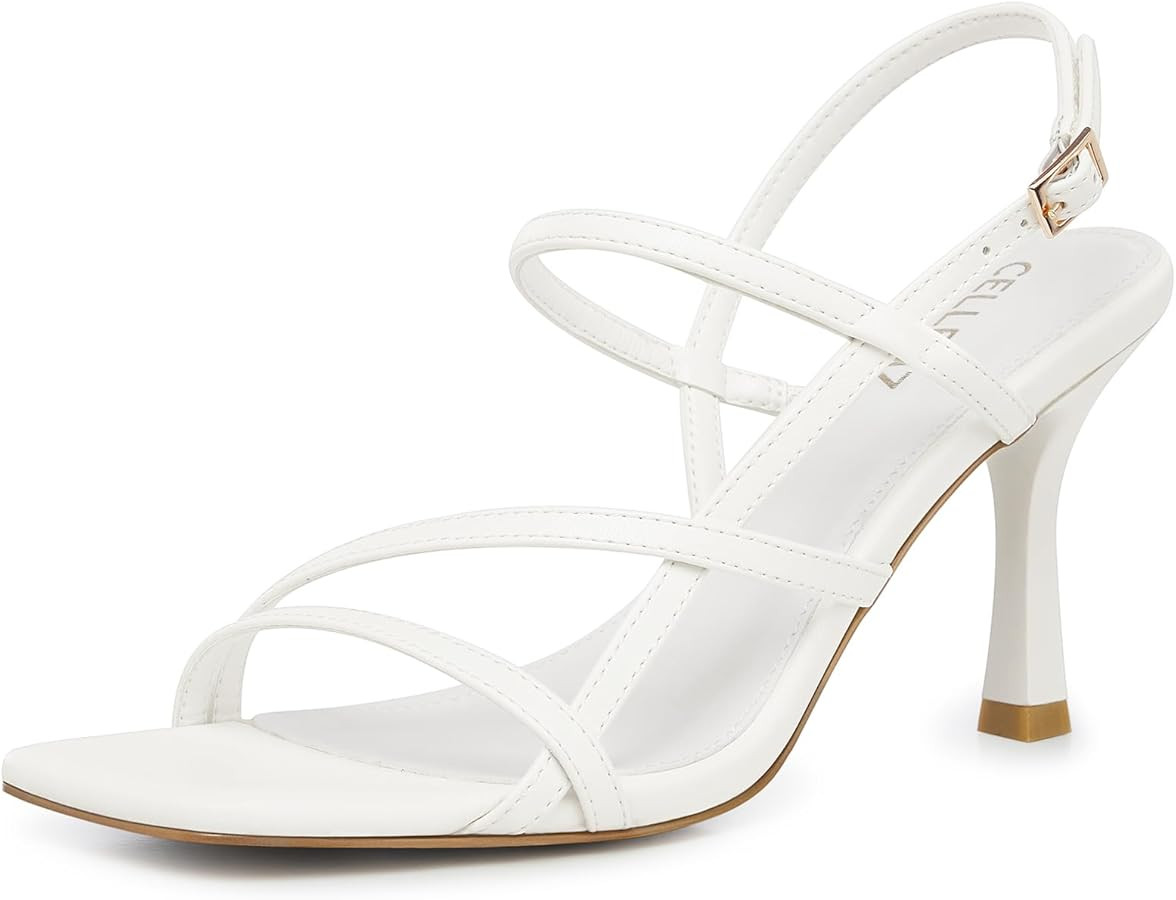 Women Strappy High Heels: Square Open Toe Slingback Sandals, Dressy Sexy Comfortable Kitten Heele... | Amazon (US)