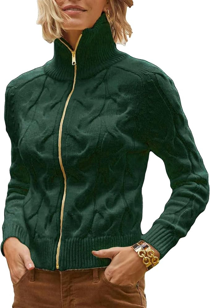 Women's Cable Knit Zip Front Cardigan Long Sleeve Turtleneck Open Front Outerwear Sweaters Coat | Amazon (US)