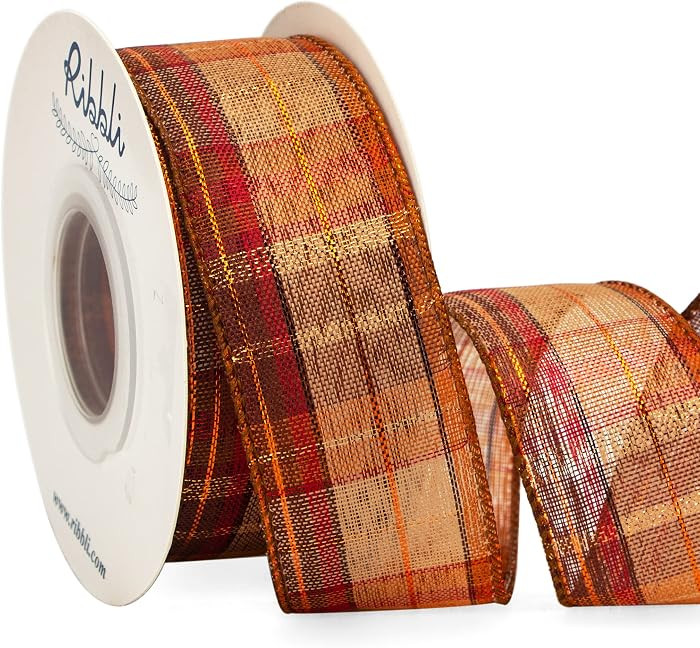 Ribbli Fall Burlap Wired Ribbon with Gold Foil, 1.5 Inch x 10 Yard,Plaid Ribbon,Check Ribbon for ... | Amazon (US)