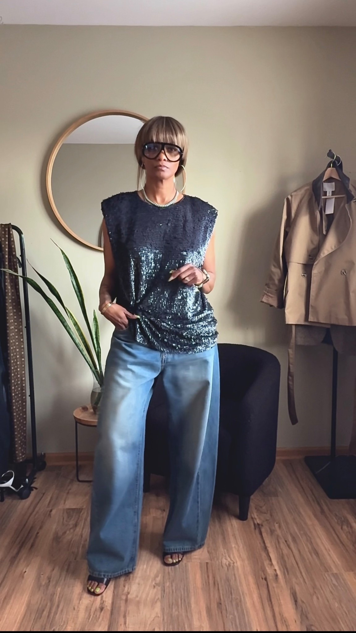 Wearing a medium in the top. Totally could have sized down but it also made for a cute mini dress. The jeans are a 8 and I absolutely love the fit! 

#dressingupjeans #sequins #datenightvibe

#LTKOver40