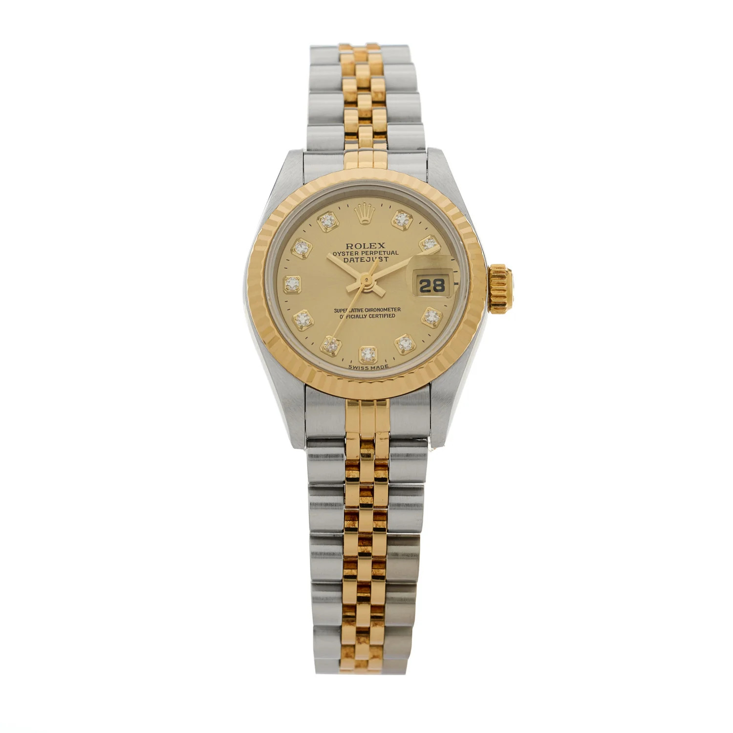 Stainless Steel 18K Yellow Gold Diamond 26mm Oyster Perpetual Datejust Watch Champagne 69173 | FASHIONPHILE (US)
