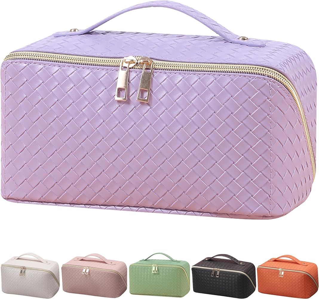 Shellnee Make Up Bag-Travel Cosmetic Bag, Lay Flat Travel Makeup Bag Organizer Toiletry Bag for W... | Amazon (US)