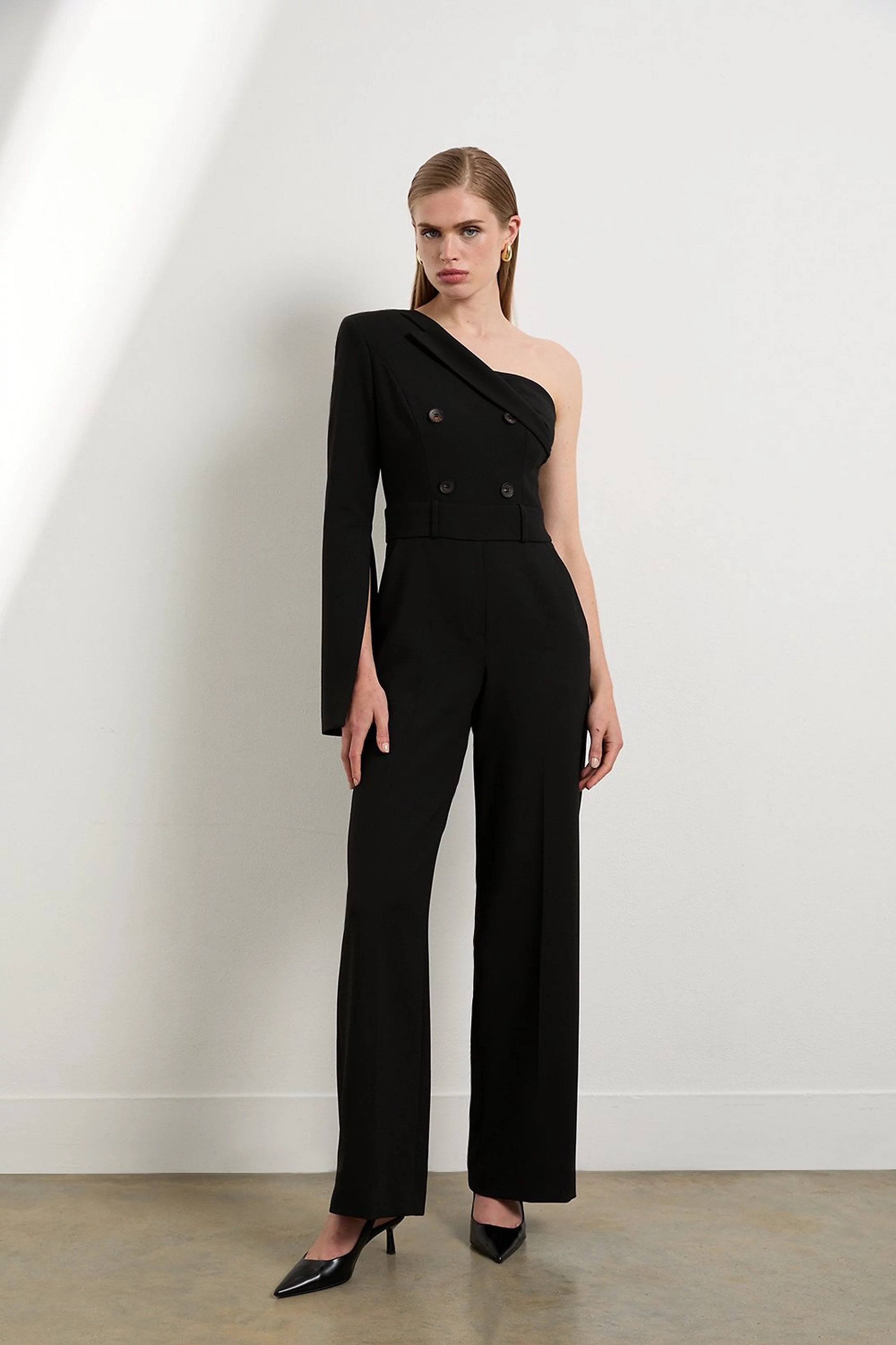 The Founder Petite Compact Stretch One Shoulder Tailored Jumpsuit | Karen Millen UK + IE + DE + NL