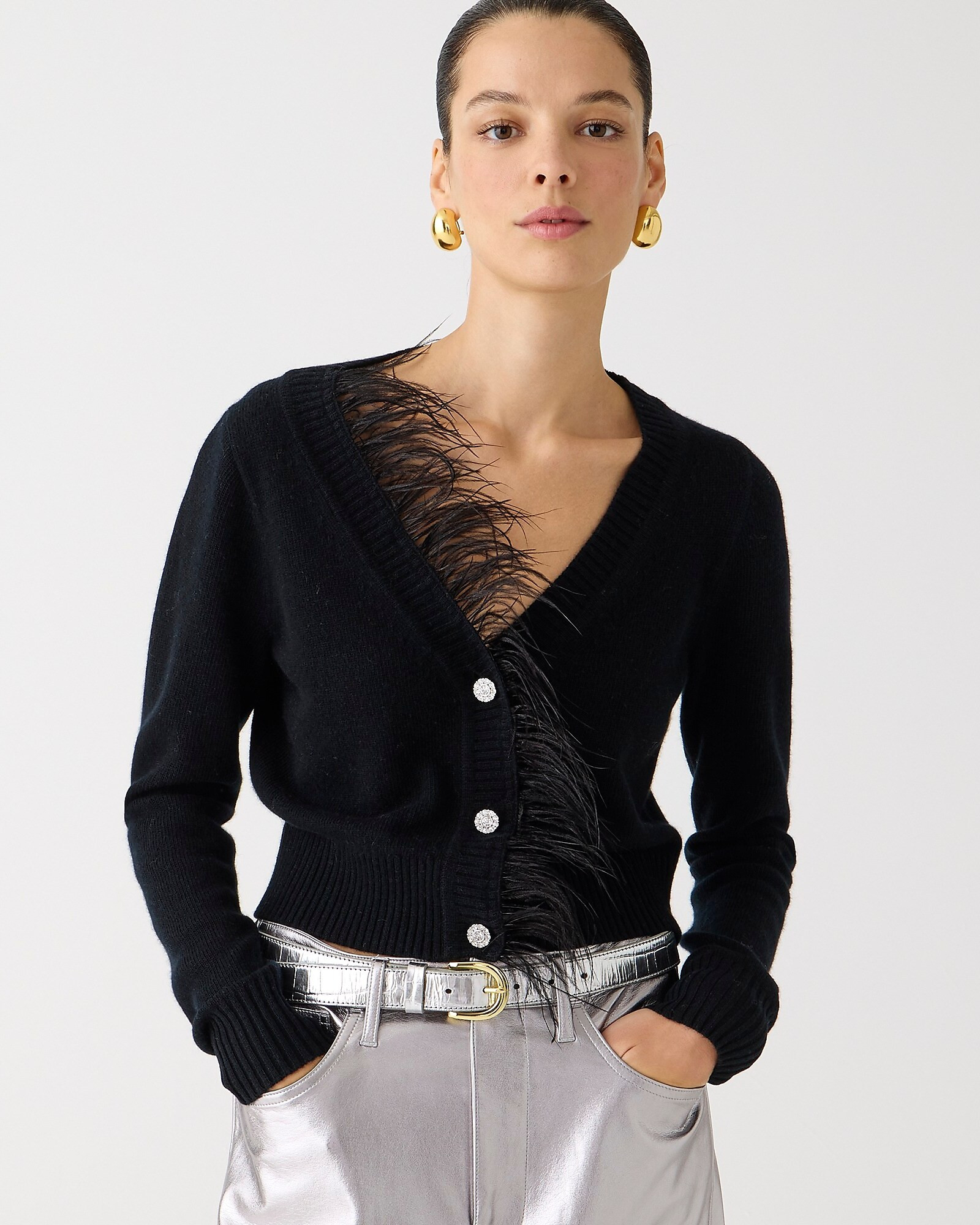 Feather-trim cropped cardigan sweater with jewel buttons | J. Crew US