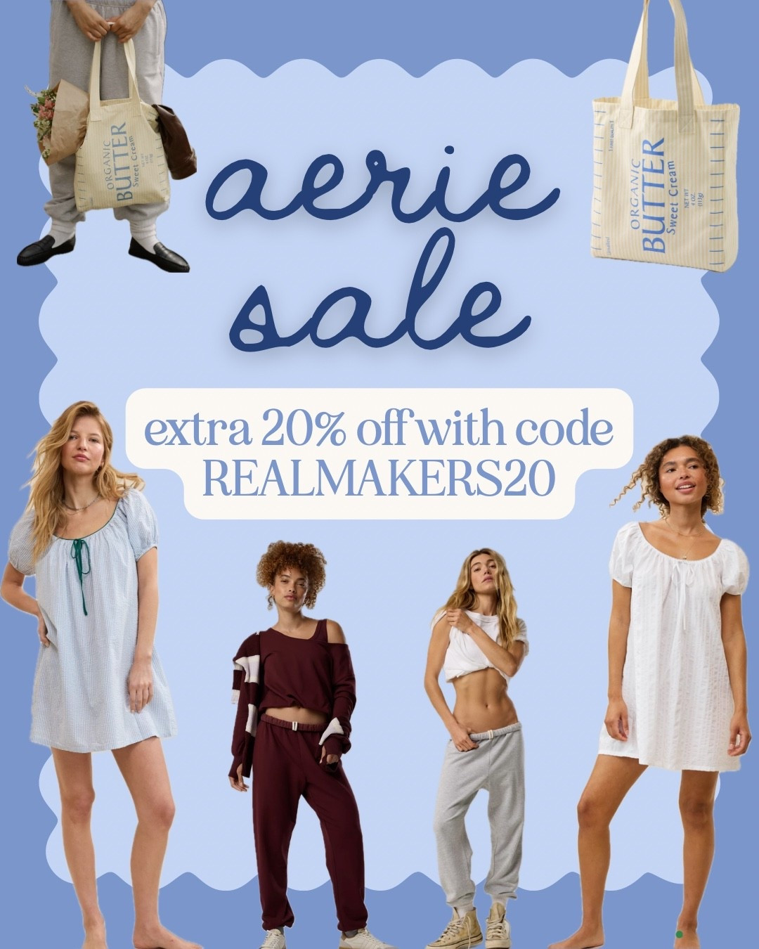 Aerie is currently running an extra 20% off sale with code REALMAKERS20. Here are our top 3 picks from the sale:

1. This nightgown that triples as an equally adorable swim coverup or sundress. It’s comfy and cooling — perfect for summer! Runs big; size down.

2. These lightweight sweats, which are super-thin and a good summer sweatpant. I also sized down in these.

3. And of course, this Butter Tote. 🧈 No notes, no explanation necessary.

#LTKSaleAlert #LTKPlusSize #LTKMidsize