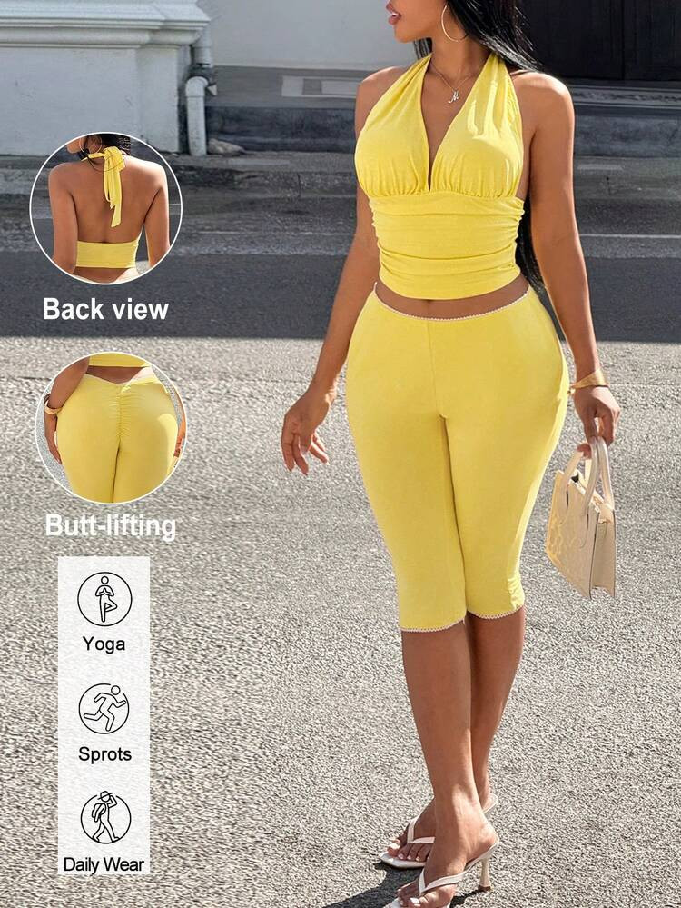 Slaydiva Daily Casual & Lifestyle Sports & Fitness Home & Relaxation Sweatpants Casual Outfit For Women Yellow Two Piece Set Summer 2 Piece Set Yellow Sets For Women New Spring And Summer Music Festival Valentine's Day Easter Casual Simple Basic Style Y2K Street Sweet Internet Celebrity Bestseller Daily Date Hot Girl Style Sexy Sporty Style Halter Strap Wrap Chest And Waist Pleated Large Backless Vest + Low-Waisted Seven-Inch Pants Lace Decoration V-Waist Light Yellow Set For Women Two Pieces Set -A | SHEIN