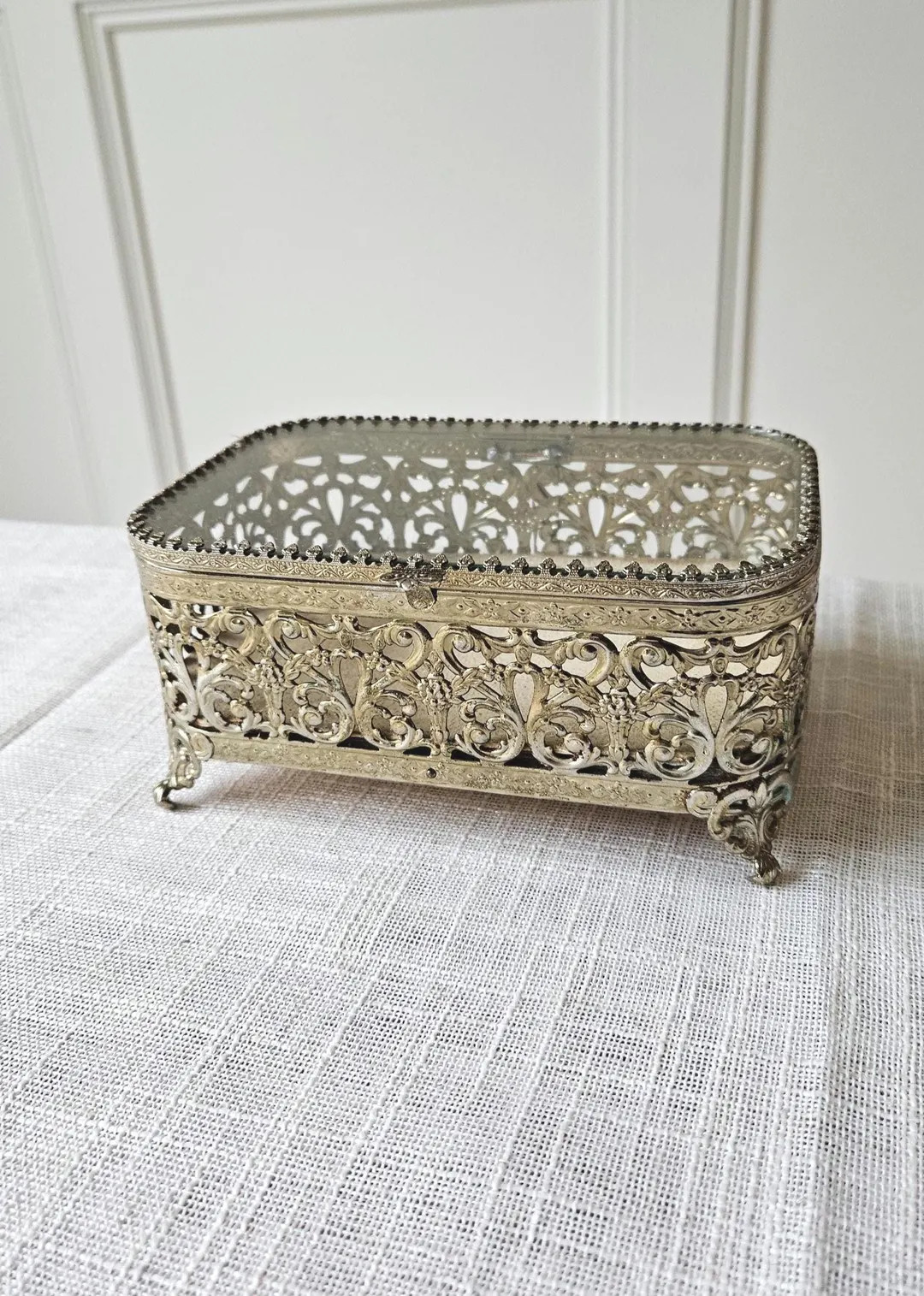 Vintage Gold Filigree Jewelry Box | Hollywood Regency Glass Trinket Display | Etsy (US)