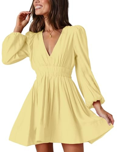 FAIABLE Mini Deep V Sexy Long Sleeve Dress for Women A-line High Waisted Casual Flowy Dress for C... | Amazon (US)