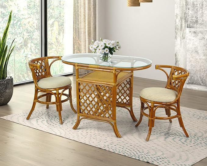 Borneo Compact Dining Set Colonial Color, Table with Glass Top + 2 Chairs with Cream Cushions, Ha... | Amazon (US)