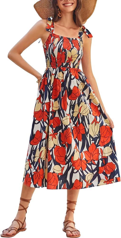 GRACE KARIN 2024 Summer Sundresses Tie Spaghetti Straps Sleeveless Smocked Floral Print Flowy Boh... | Amazon (US)