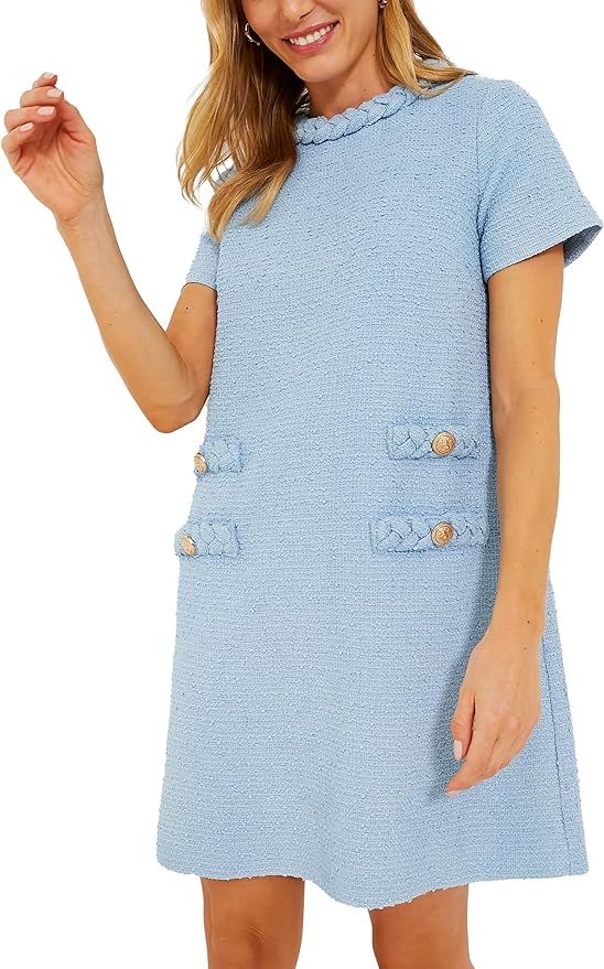 Ladyful Womens Tweed Jackie Dress Short Sleeve Elegant Crew Neck Business Party Vintage Button Bo... | Amazon (US)