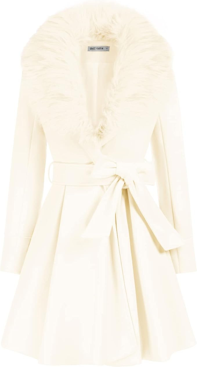 Women's Notch Lapel Long Puff Sleeve a Line Pea Coat with Self Tie Belt | Amazon (US)