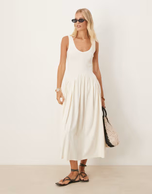 ASOS DESIGN ribbed bodice scoop midi dress with dipped waist detail in cream | ASOS (Global)