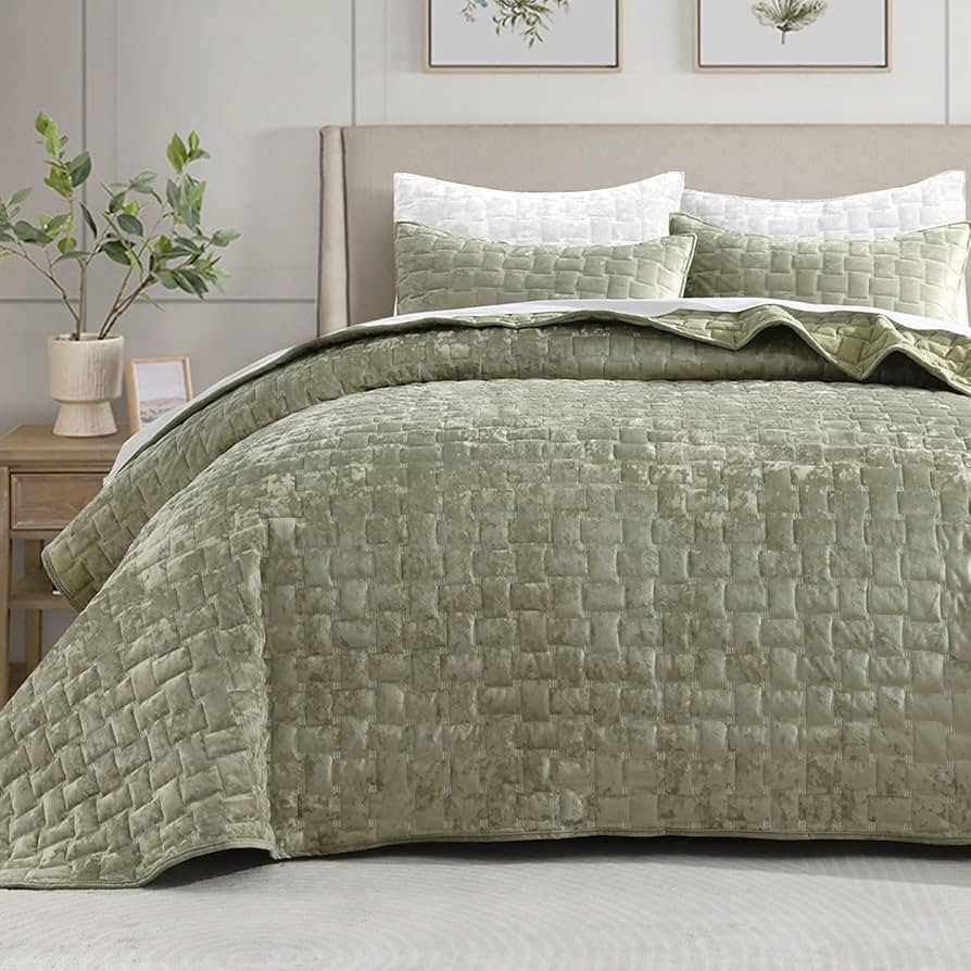 Grassix Velvet Quilt King Size, 3-Piece Luxury Sage Green Quilt Bedding Set, Lightweight Velvet C... | Amazon (US)