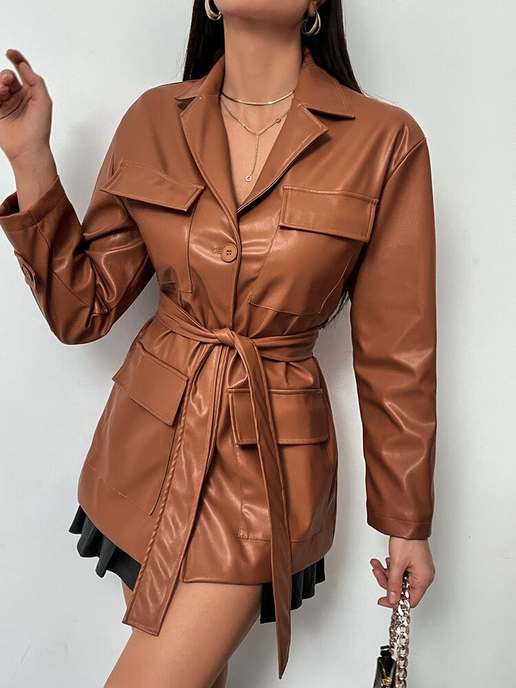 Lapel Collar Flap Pocket Belted PU Leather Trench Coat | SHEIN