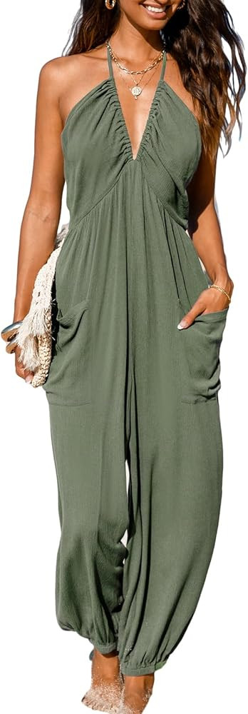 CUPSHE Women's Plunge Halter Sleeveless Pleated Long Romper Knit Jogger Maxi Jumpsuit with Pocket... | Amazon (US)