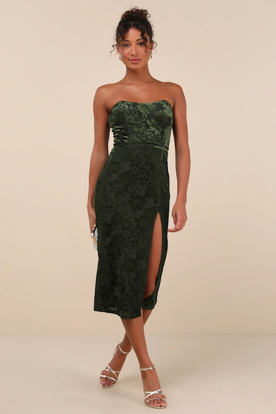 Enchantingly Chic Dark Green Velvet Burnout Strapless Midi Dress | Lulus