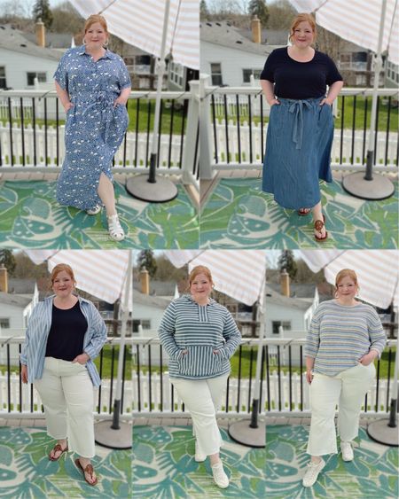 This summer we’re taking a family trip to Newport, RI! I’m planning a sailing tour, visiting the mansions, walking the Cliff Walk, and dining al fresco on some fresh local seafood. I just started shopping for our trip with this haul of nautical-inspired looks from @ullapopkenusa (sizes 12-38+). Which are must-pack outfits, and which should I pass on? You can shop them all via my LTK, and you can take 25% OFF with my code 2024LIZ25!

Dress size 20/22 - I went with my larger size in this like I usually do in woven fabrics and button-up styles at Ulla Popken, but this is runs large so go with your smaller size if between sizes.

Navy tee size 16/18 and skirt size 18. This is my second one of these double-layered tees, and I love them! Soft stretchy jersey, high quality look at feel, and a great elevated staple with a modest scoop and elbow-length sleeves. This tensely skirt gives the look of denim but is lightweight with elastic in the waist and ties to secure a snug fit.

Button-up shirt size 20/22, navy tee size 16/18, and ivory crop pants size 20. This button-up also runs oversize. The jeans have a mid-rise which I belted for a more secure fit, but I love the cut and length of them. A great alternative to denim capris or crops for spring/summer. Stretchy too!

Striped hoodie size 20/22. Runs small with very little stretch. Lightweight and thinner than regular sweatshirt material.

Woven beach sweater size 16/18 has an oversize fit. You don’t have to layer any underneath because it isn’t see-through. Lightweight and soft silky knit. Really love this piece!



#LTKSeasonal #LTKmidsize #LTKplussize