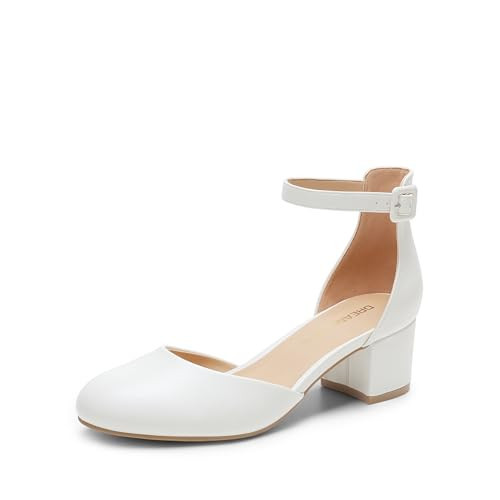 DREAM PAIRS Women's Round Toe Low Block Heel Pumps,White,8.5 | Amazon (US)