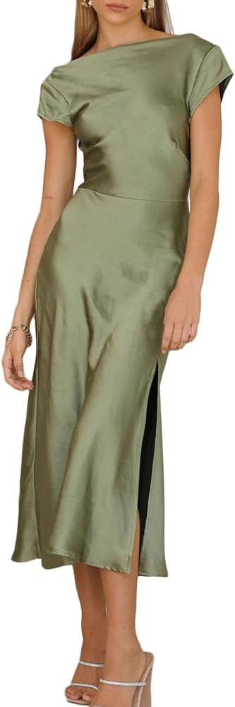 Women's Summer Satin Elegance Backless Twist Cap Sleeves Midi Dress 2023 Sexy Cowl Neck Slit Cock... | Amazon (US)