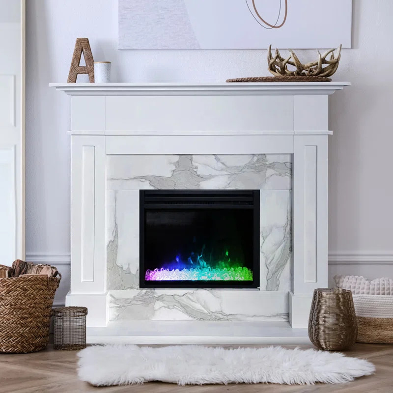 53-In. Electric Fireplace Mantel with Marble in White and Crystal Rock Insert with Color-Chang | Wayfair North America