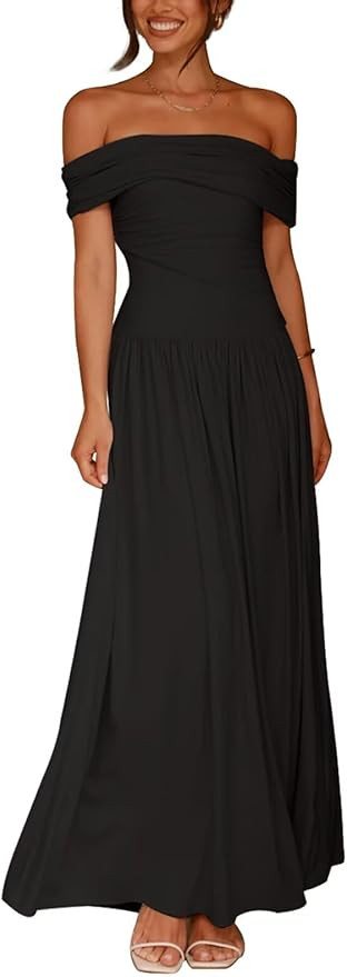 Women's Off The Shoulder Maxi Dress Bodycon Ruched Flowy Long Dresses Pleated Summer Dress | Amazon (US)