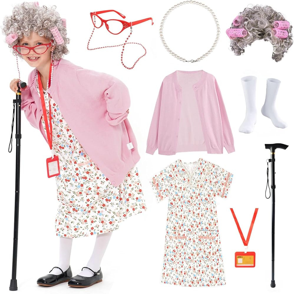 FAYBOX 9 pcs Old Lady Costume for Kids,100 Days of School Costume Old Lady Wig for Girls,Hallowee... | Amazon (US)