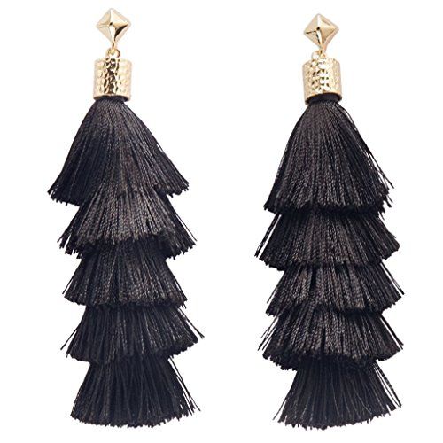 Mud Pie Women's Fashion Jewelry Tiered Tassel Earrings (Black) | Amazon (US)