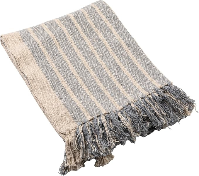 Creative Co-Op Woven Cotton Blend Throw with Stripes and Fringe, Blue and Natural | Amazon (US)