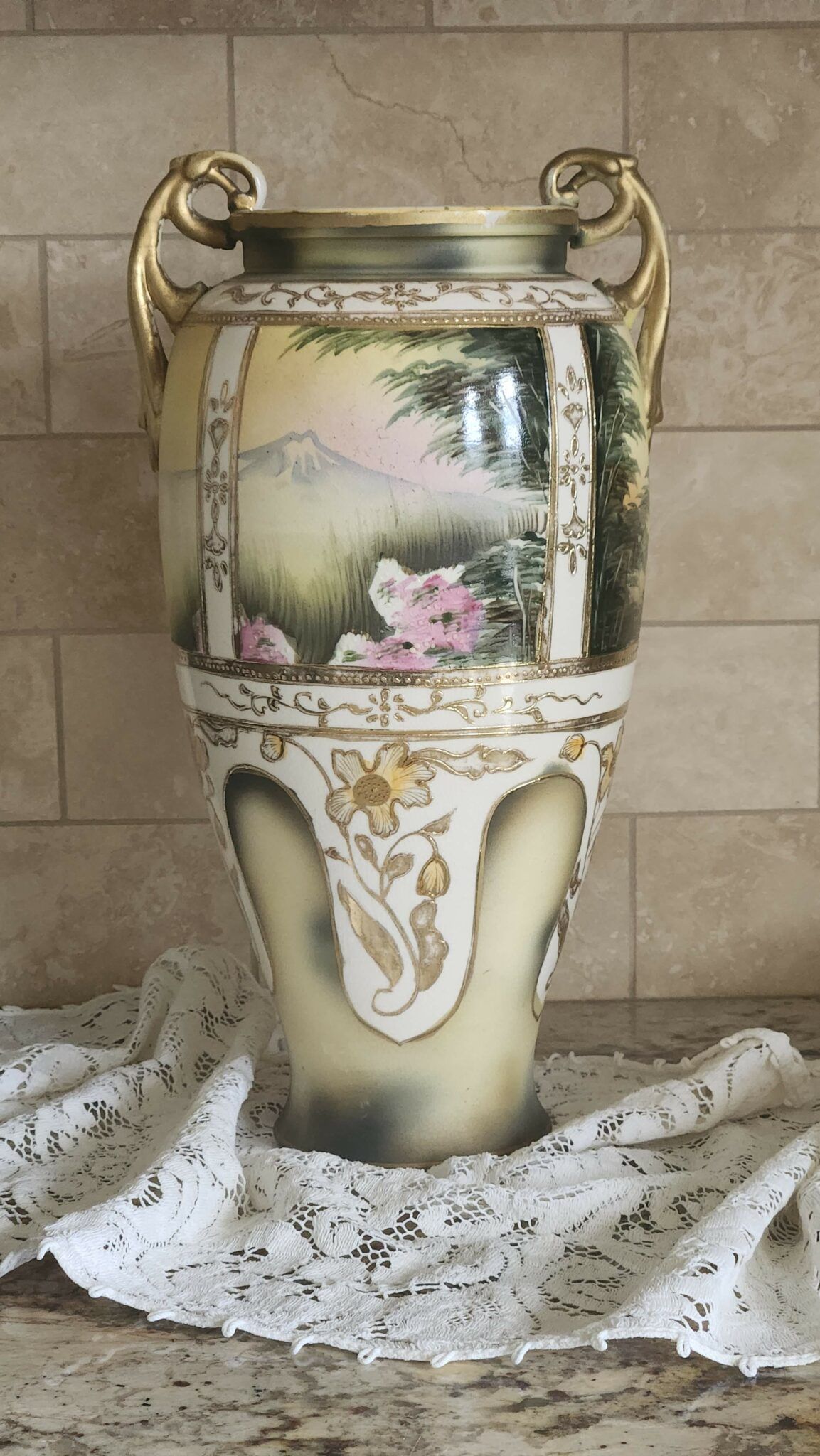 Tall Ornate Urn/ Vase with Green & Painted Pattern and Gold Scroll Handles | Vintage Keepers