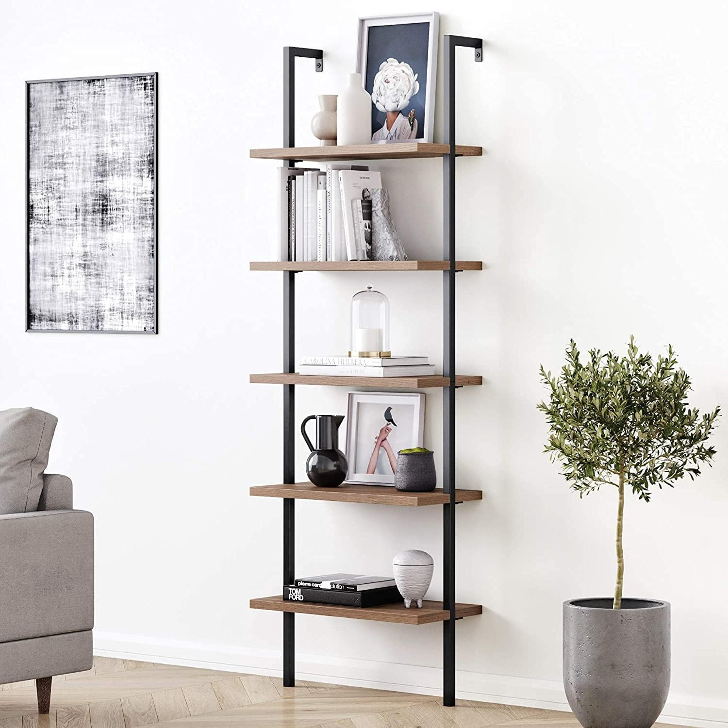 Nathan James Theo 5-Shelf Oak Wood Modern Bookcase, Open Wall Mount Ladder Bookshelf with Industr... | Amazon (US)