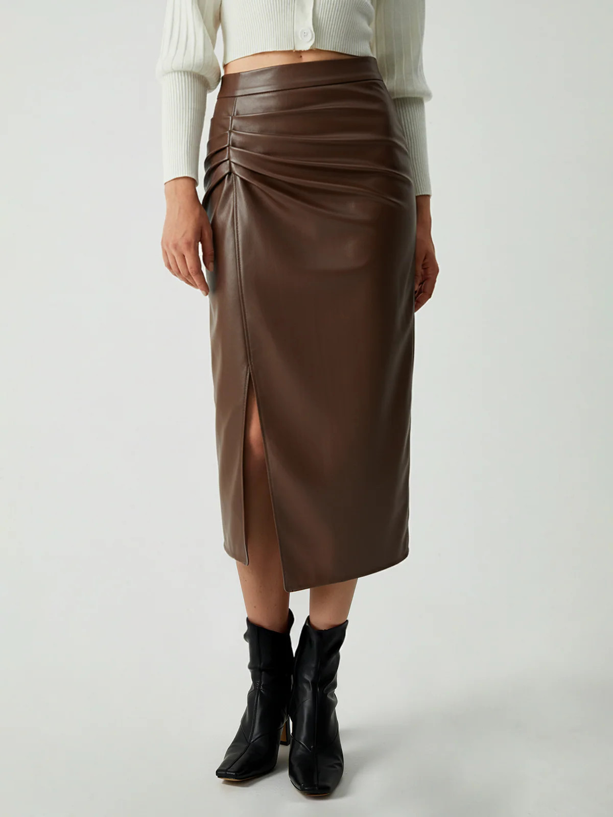 Ruched Slit PU Leather Midi Skirt | Commense