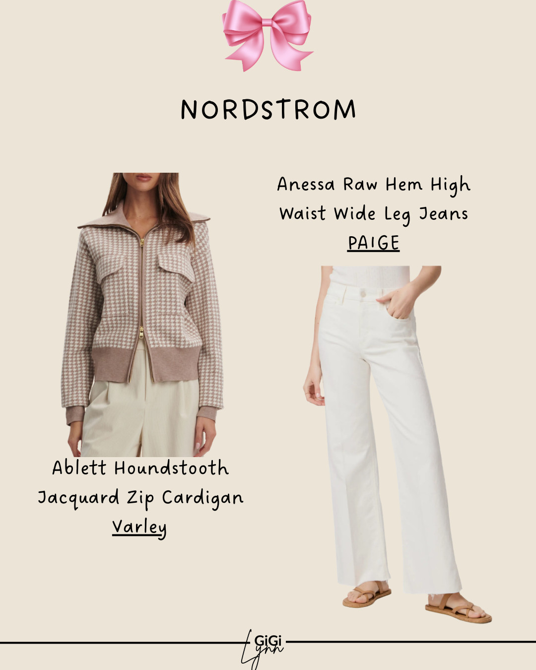 This look is the perfect blend of polished casual and elevated everyday style.

The Ablett Houndstooth Jacquard Zip Cardigan by Varley adds instant sophistication with its classic houndstooth pattern, structured knit feel, and modern zip-front design. It’s the ultimate chic layering piece for transitional weather, travel days, work-from-home style, and elevated athleisure outfits.

Paired with the Anessa Raw Hem High Waist Wide Leg Jeans in Tonal Ecru by PAIGE, this outfit feels fresh and refined. The high-rise waist and wide leg silhouette elongate the legs while the raw hem detail adds a relaxed, modern edge. These are the kind of neutral wide leg jeans that work year-round for casual chic outfits.

Finish the look with the Shira Knotted Flat in Ivory by Sam Edelman for a polished, feminine touch. The sleek knotted detail makes these comfortable everyday flats perfect for work, brunch, errands, and travel.

✨ Classic pattern, modern denim, effortless elegance.

#LTKFinds #VarleyStyle #PaigeDenim #SamEdelman #WideLegJeans #CasualChic #ElevatedBasics #LTKStyle 

 #LTKgrwm #LTKootd #LTKWorkwear