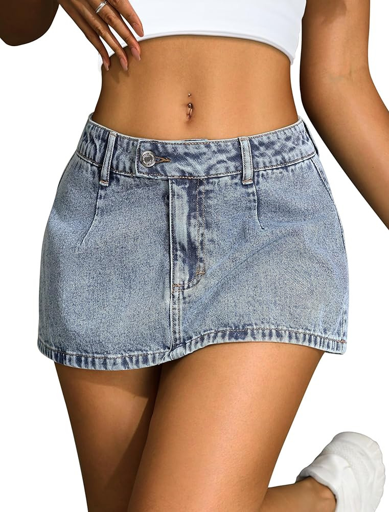 IWD Denim Mini Skirt for Women Low Waisted Jean Micro Skort with Shorts Stretch Casual Jean Skirt | Amazon (US)