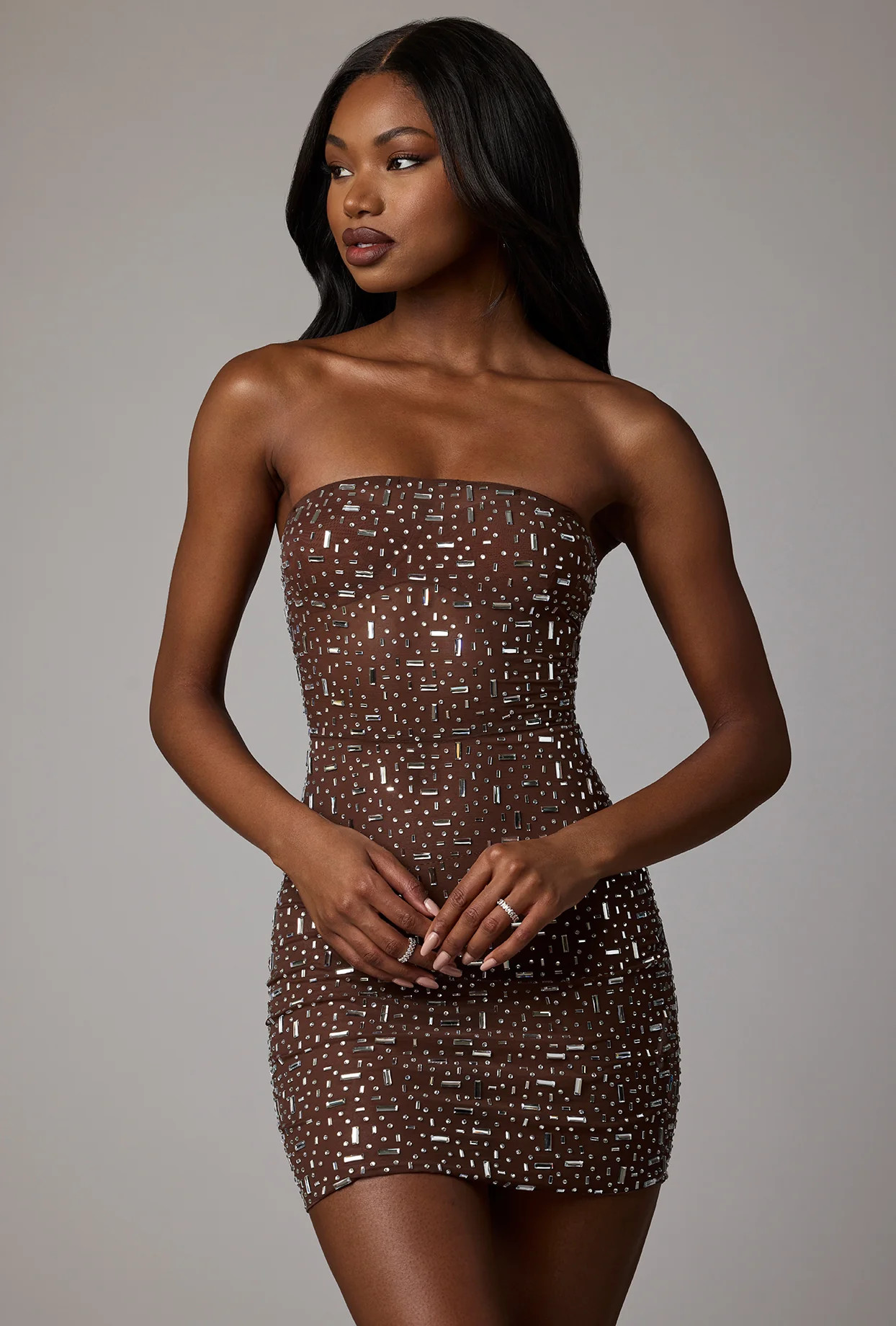 Sheer Embellished Bodycon Mini Dress in Deep Cocoa | Oh Polly