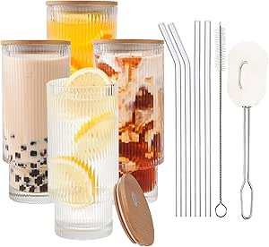 HEFBCOMK Ribbed Glassware Drinking Glasses with Lid and Straws, 16oz Ribbed Glass Cups Vintage Fl... | Amazon (CA)