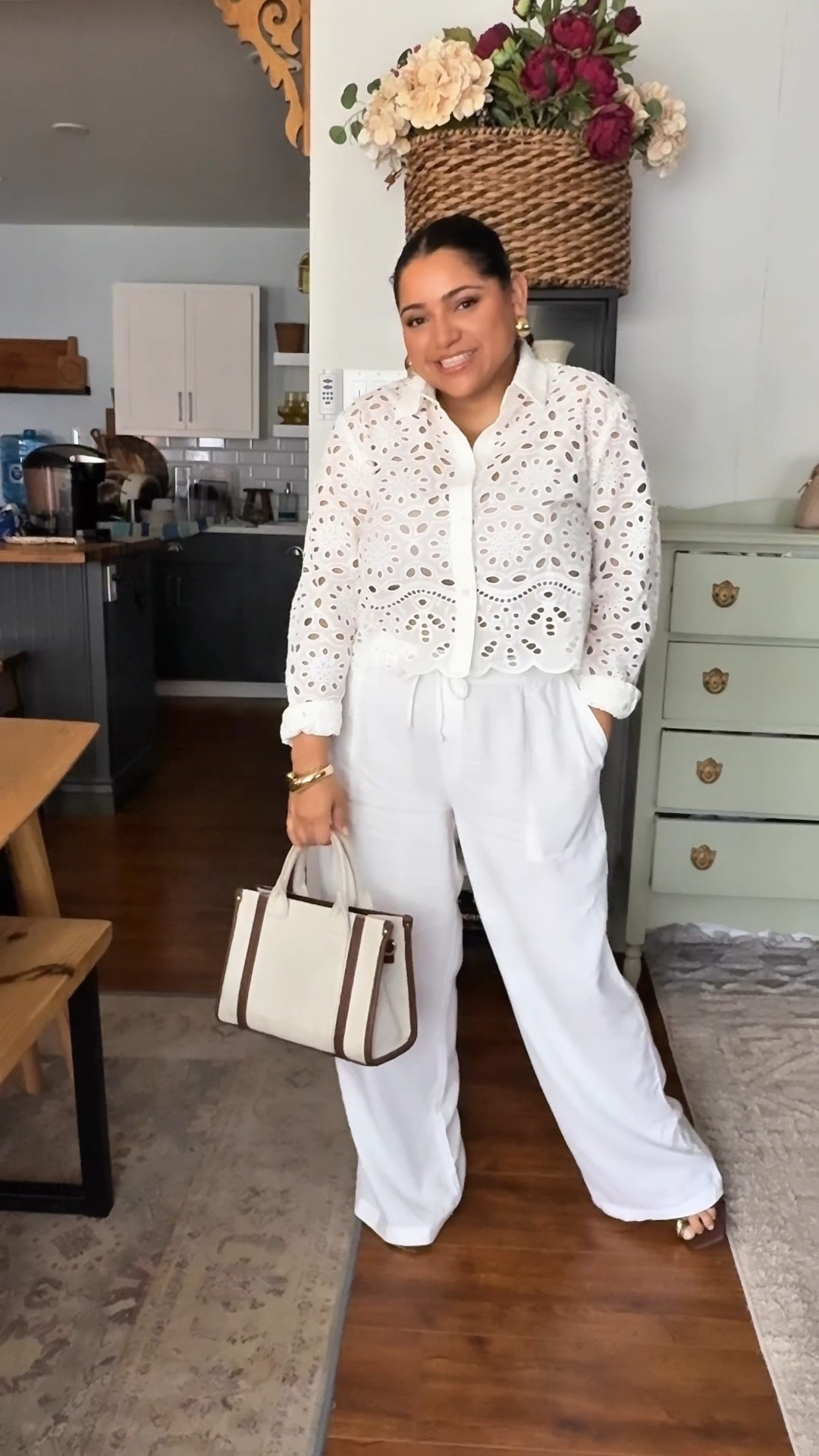If you’ve been scared to wear an all white outfit… this is your sign to try it!

As a midsize petite woman, finding chic, flattering outfits that feel effortless can be tricky — but this look right here is proof that monochrome can work for every body type!

STYLE TIP:
When styling an all-white outfit, always add contrast and interest by pairing it with brown or black accessories — like I did here with my brown strappy heels and structured brown purse. This keeps the outfit from falling flat and adds a warm, elevated touch.

What I’m wearing:
	•	White linen pants (perfect for petites + midsize!)
	•	White eyelet scalloped button-up (so feminine and breathable)
	•	Gold jewelry for warmth + shine
	•	Brown strappy heels for height and balance
	•	Brown handbag to ground the look

Why it works:
The combination of different textures — linen, eyelet, leather — keeps this monochrome moment interesting without feeling plain. It’s comfortable, chic, and perfect for spring/summer brunches, date nights, or vacations.

#LTKPetite #LTKSeasonal #LTKMidsize