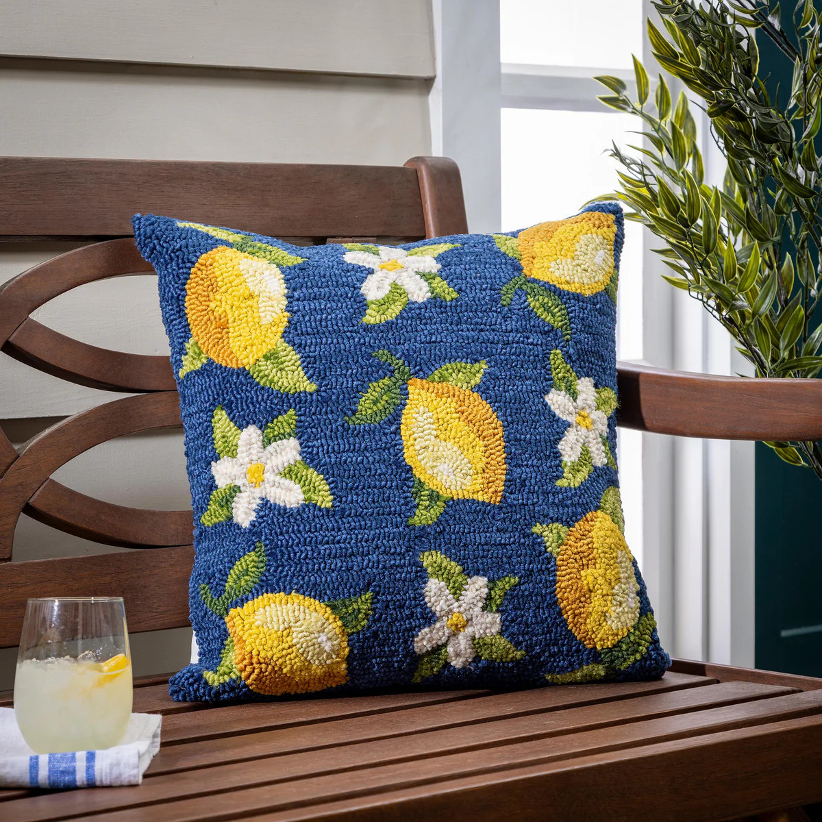 Indoor/Outdoor Hooked Polypropylene Lemon Blossoms Throw Pillow 18"x18 | Plow & Hearth