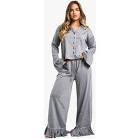 Womens Petite Frill Hem Long Sleeve Shirt & Trousers Pyjama Set - Grey - 8, Grey | Boohoo.com (UK & IE)