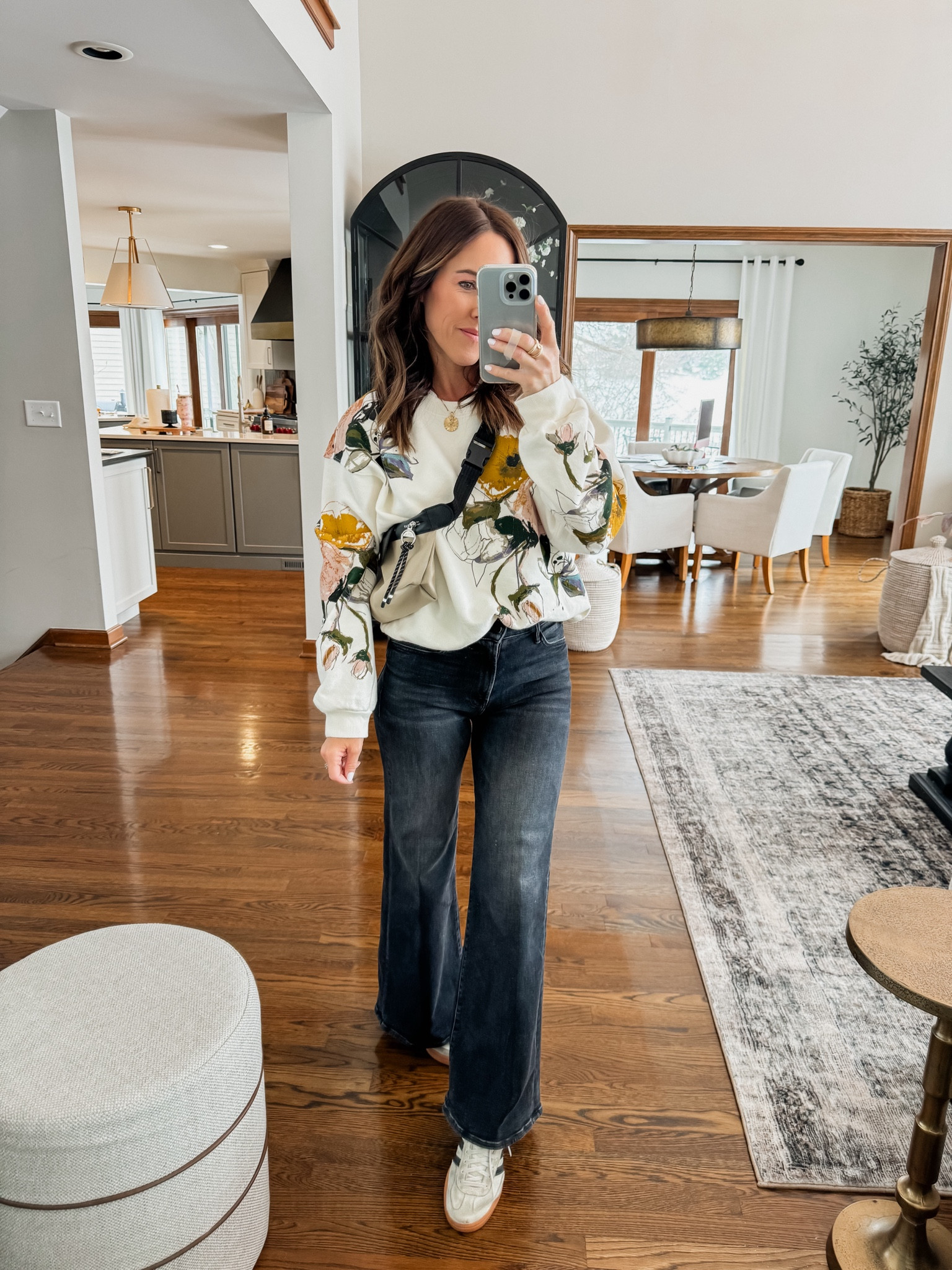 I’m 5’3” petite wide leg jeans. In my true size 25. 
Small in sweatshirt  
Small in white tee
Jewelry / code: twopeasinablog 
Lip color: 150

#LTKItBag #LTKSeasonal #LTKOver40