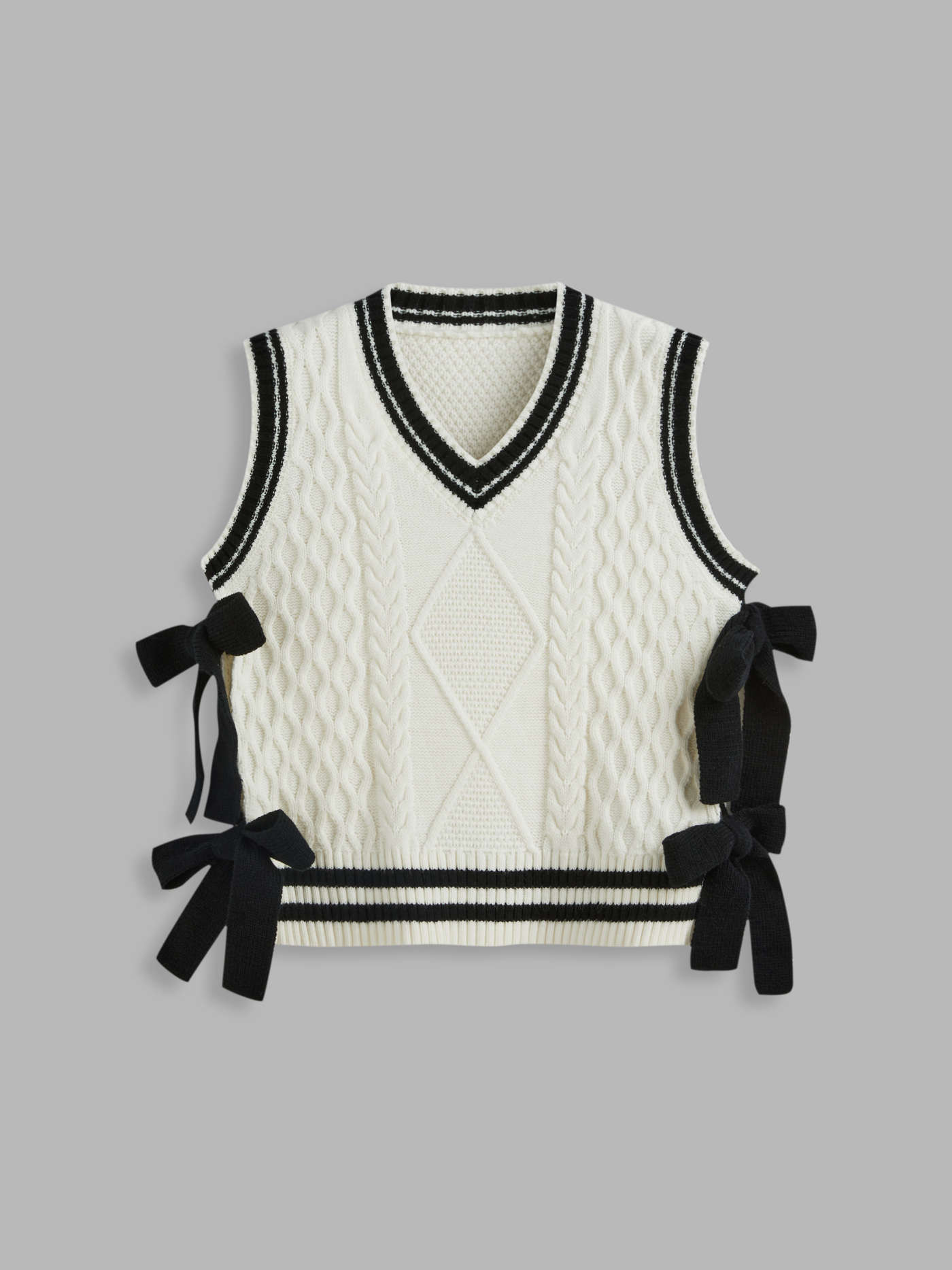 Knit Fabric V-neck Solid Bowknot Knitted Vest For School Daily Casual | Cider