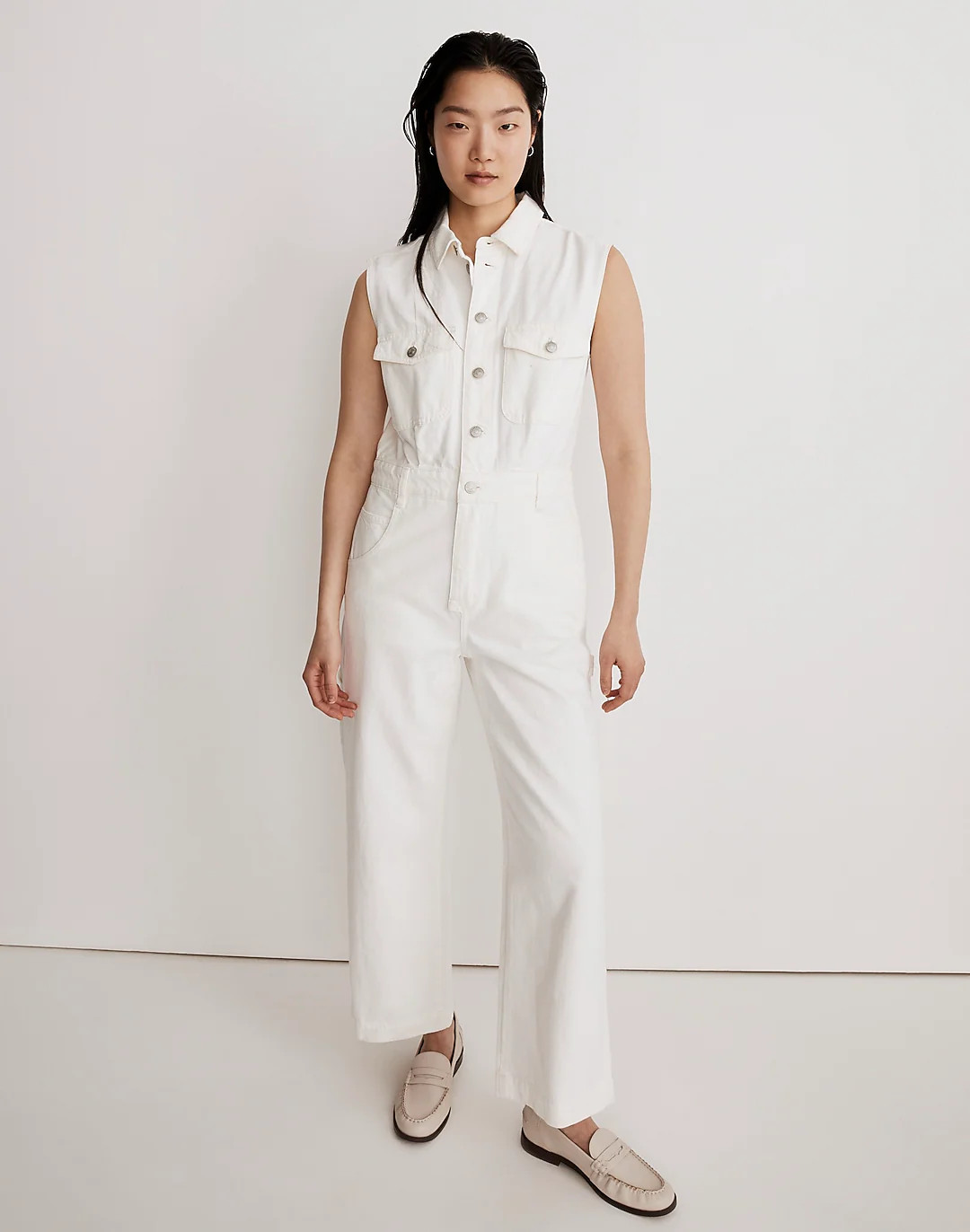 Denim Sleeveless Carpenter Jumpsuit in Tile While | Madewell