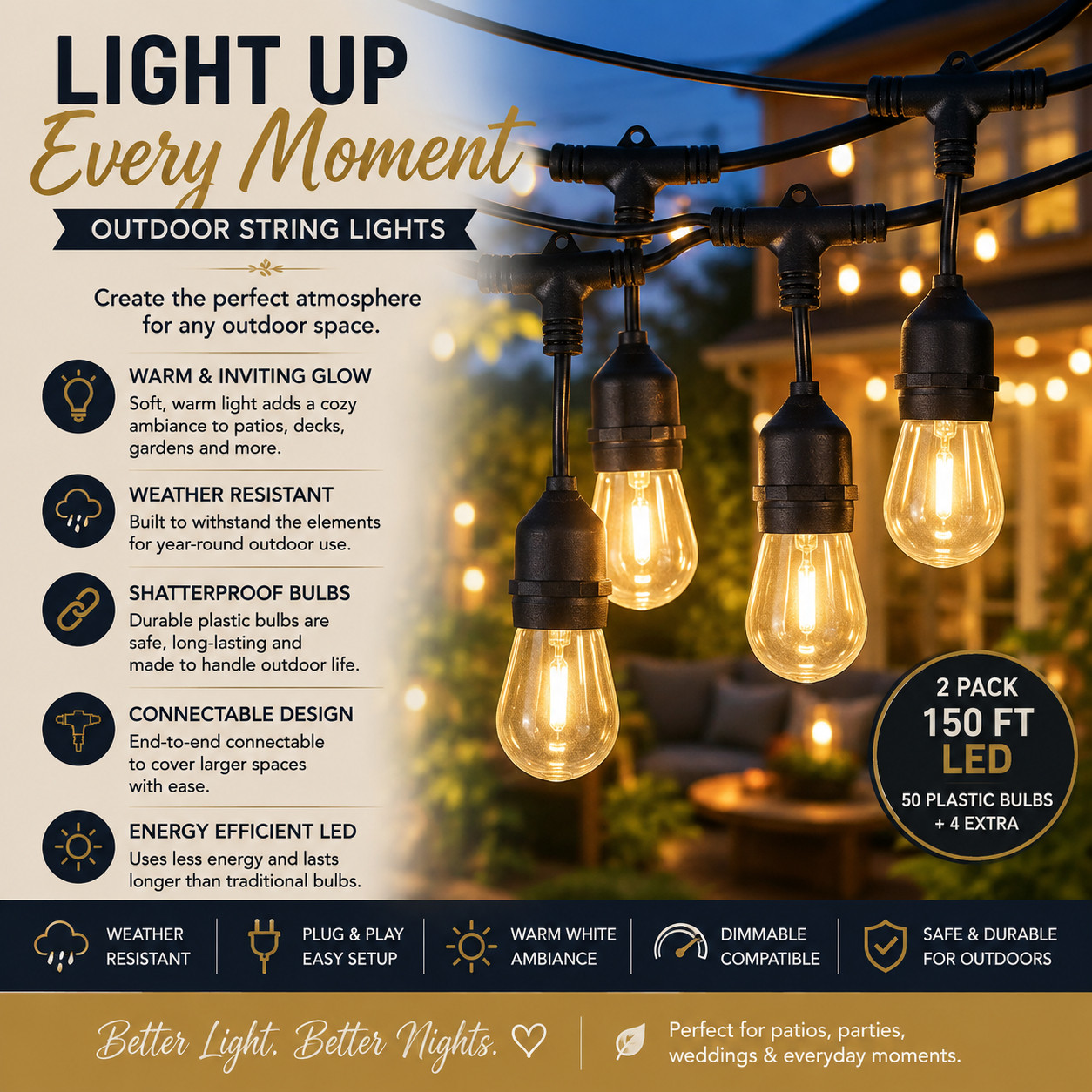 Affiliate links. I may earn a commission from purchases.

These outdoor string lights are such an easy way to make a patio or backyard feel warmer and more inviting. I love the soft glow for summer nights, outdoor dinners and entertaining. This 150-foot set has shatter-resistant plastic LED bulbs and gives you plenty of length for larger outdoor spaces.

#LTKHome #OutdoorLiving #PatioIdeas #BackyardIdeas #OutdoorLighting #StringLights #PatioDecor #BackyardDecor #HomeFinds #AmazonFinds
 

 #LTKSeasonal #LTKHome