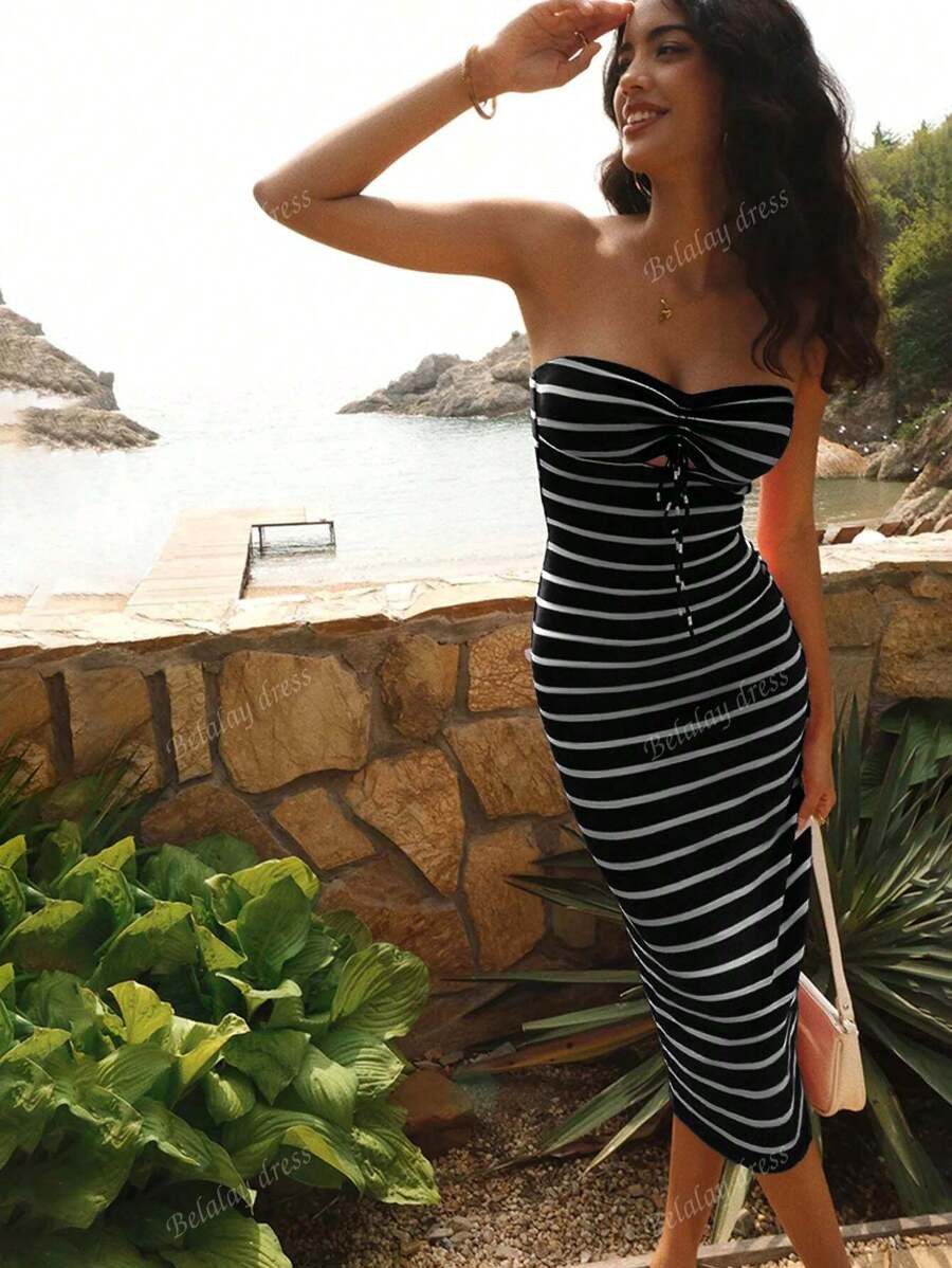 Women's Summer Dress, Elegant Resort Style Knitted Striped Strapless Bodycon Mid-Calf Spring/Summ... | SHEIN