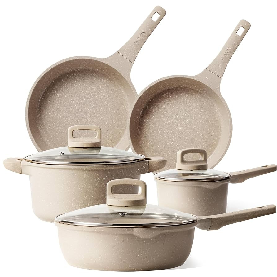 CAROTE 8pcs Pots and Pans Set Non Stick, Taupe Nonstick Cookware Set, Frying pans with lids, Kitc... | Amazon (US)