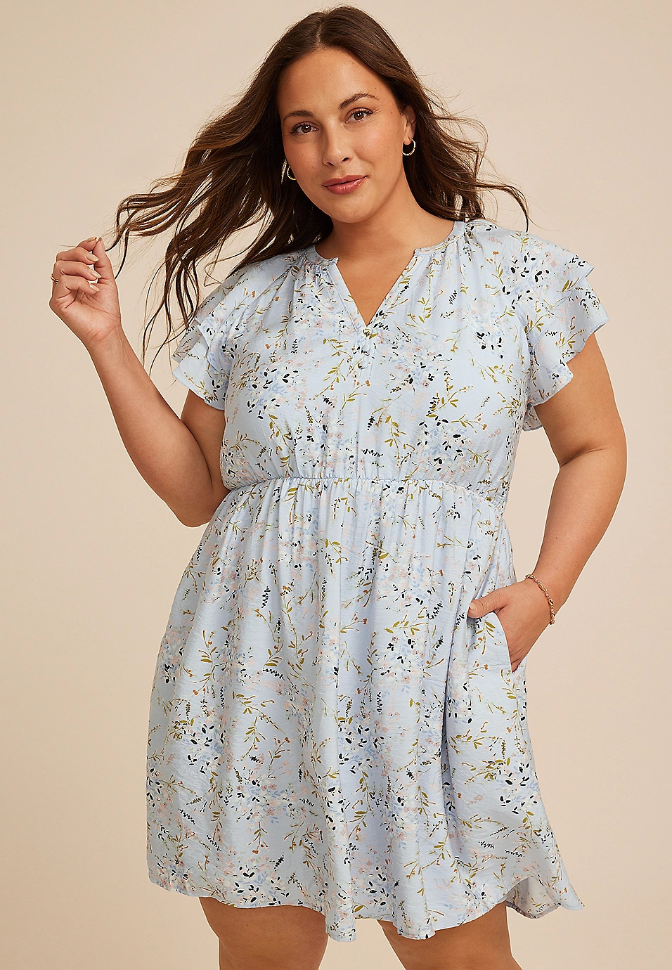 Plus Size Floral Notch Neck Double Flutter Mini Dress | Maurices