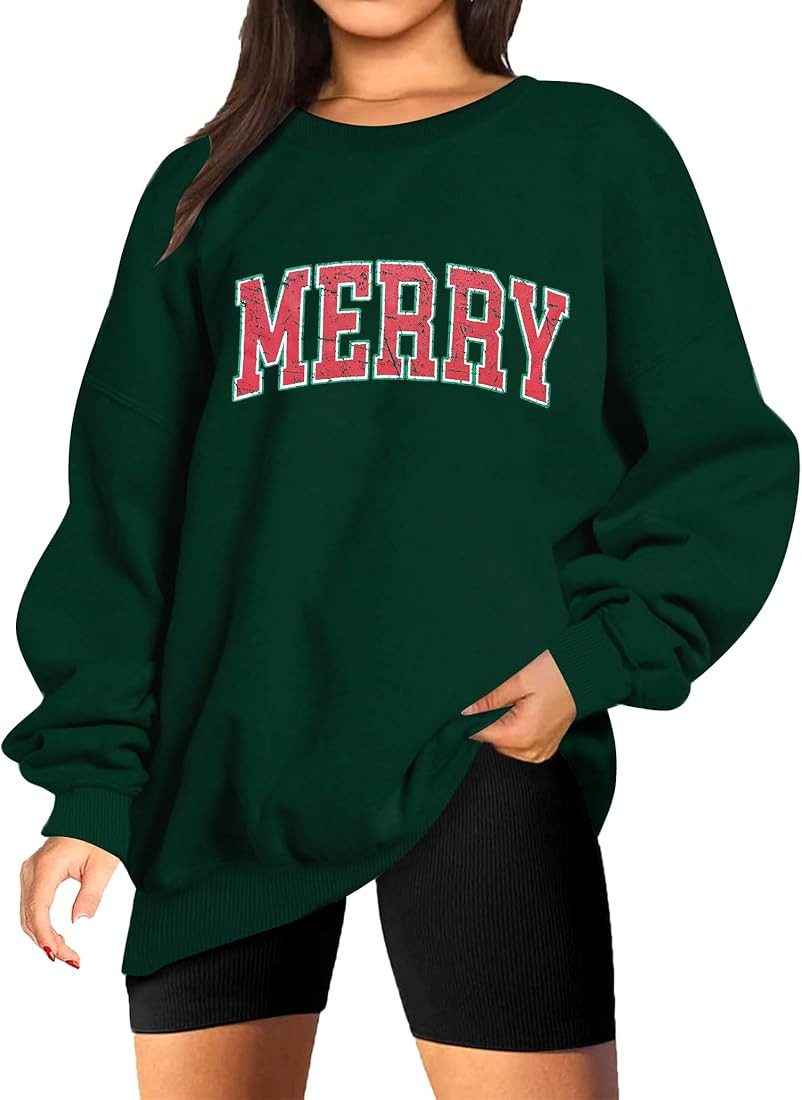 Christmas Sweatshirt for Women Merry Letter Print Long Sleeve Shirt Xmas Oversized Pullover Tops | Amazon (US)