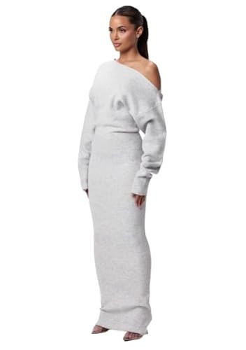 Soft Knit Sweater Dress, Women's Winter Off Shoulder Bodycon Sweater Dress, Women's Sexy Elegant Off Shoulder Sweater Dress (US, Alpha, Large, Regular, Regular, Grey) | Amazon (US)